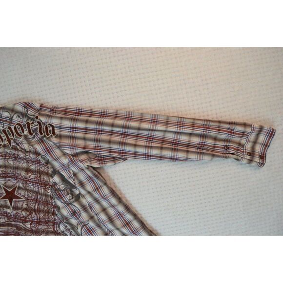 Manchester Men's Large Brown Plaid Embroidered Pearl Snap Western Shirt - Picture 14 of 16